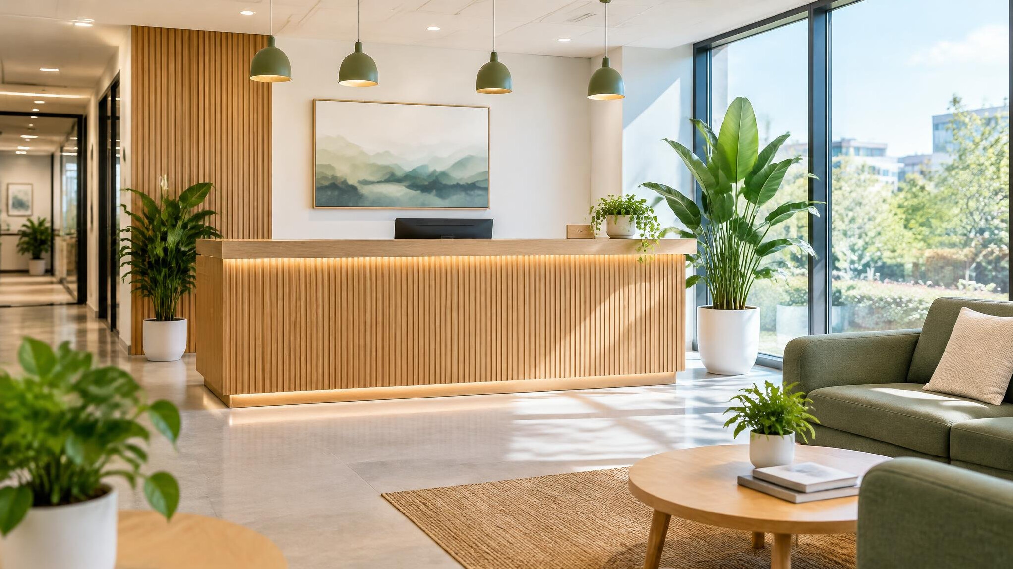 Bright modern office building interior with reception desk