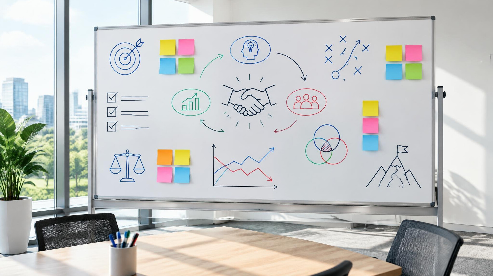 Whiteboard with colorful sticky notes in a meeting room